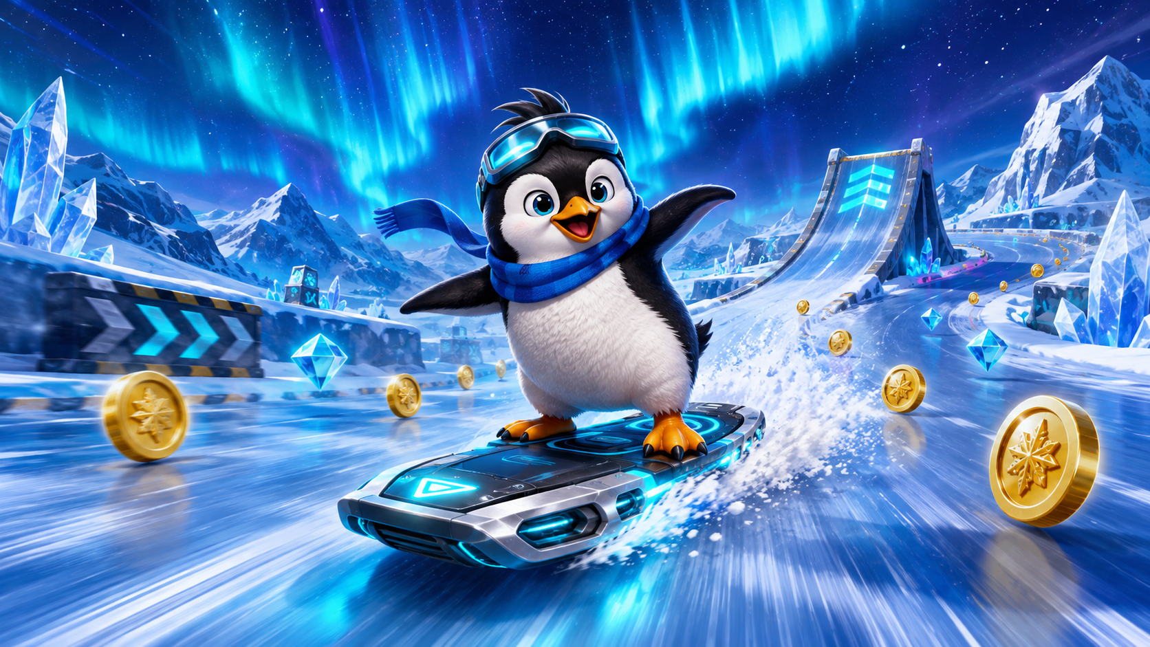 Pinguim em uma prancha futurista descendo uma pista de gelo com rampas, moedas e diamantes